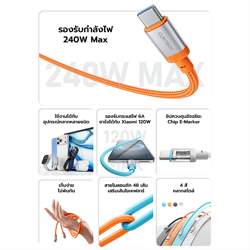 สายชาร์จเร็ว CUKTECH รุ่น CTC615W 6A 240W USB-C ยาว 1.5 ม. สีส้ม (รองรับการชาร์จ PD3.1)_2